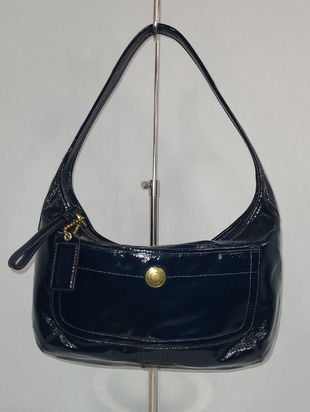 Coach Navy Patent Leather Shoulder Bag with Gold Hardware